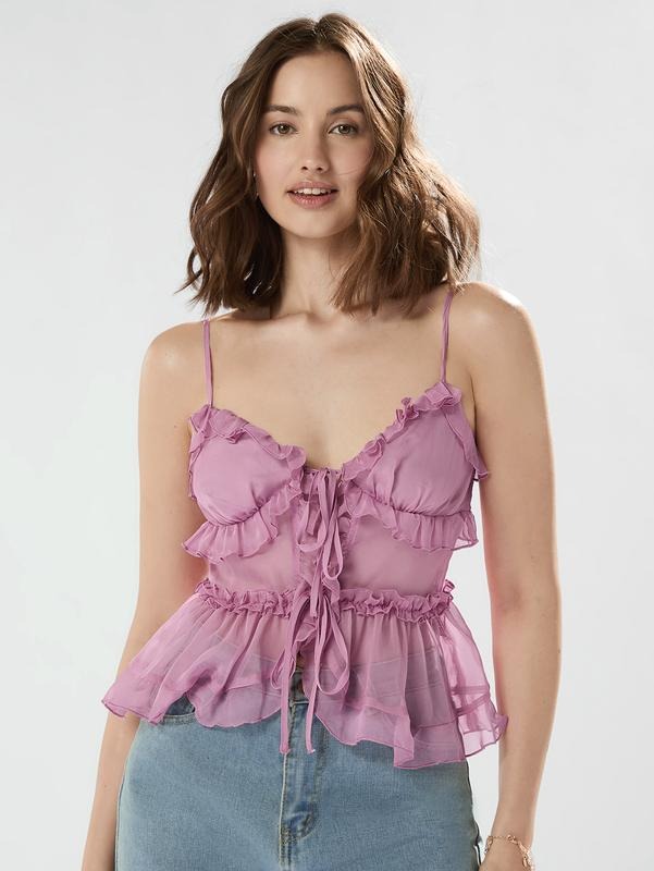 V Neck Mesh Cami Top Bow Tie Front Spaghetti Strap Frill Trim Ruffle Hem Camisole Tops T-Shirts, Hoodie, Sweatshirt