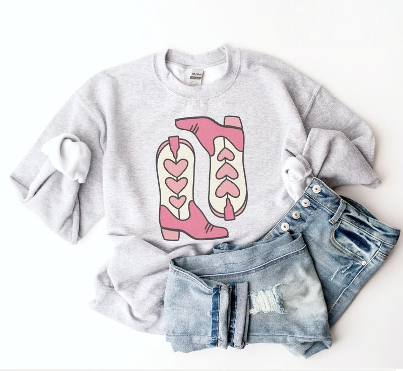 Valentine Country Boots  Sweatshirt Vday Cowboy Pullover Womens Country Vintage Sweater Cowboy Boots Pullover Vday Pink...