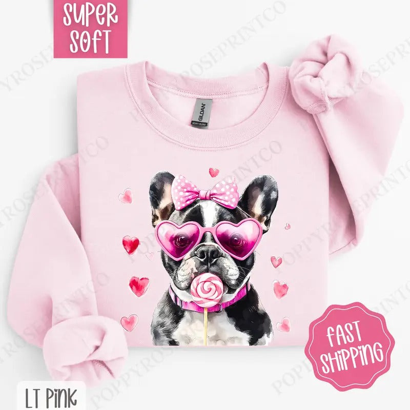 Valentine Frenchie Sweatshirt, Valentine's Day Crewneck, Cute Women's Sweater T-Shirts, Hoodie | GrindPrints.com