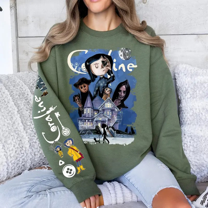 Valentine Gift, Coraline Fantasy movies tshirt, Horror Character Shirt, Halloween Crewneck Sweatshirt, Coraline Three...