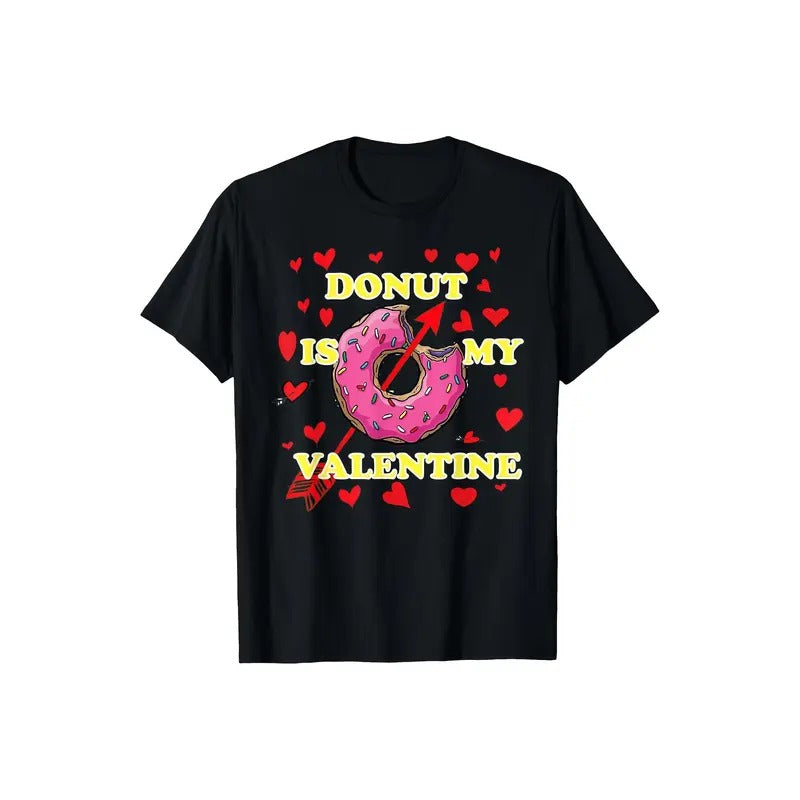 Valentine'S Day Themed Cotton T-Shirt, Casual Crew Neck, Slight Stretch Knit Fabric, Regular Fit, with Donut Print, for...