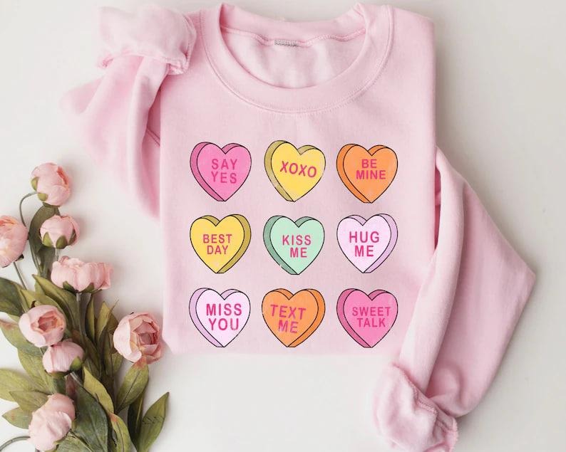 Valentines Day Sweatshirt, Conversation Hearts Sweatshirt, Valentines Day Shirts for Women, Valentines Day Gift, Cute...