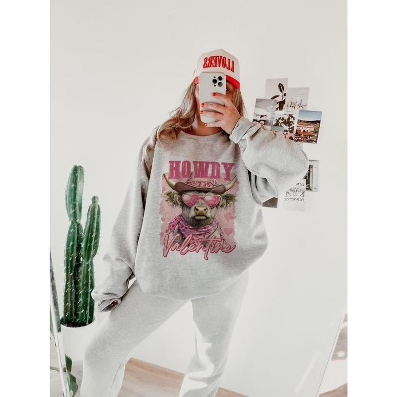 Valentines Highland Cow | Howdy Coquette Sweatshirt | Valentine Bow Crewneck T-Shirts, Hoodie | GrindPrints.com
