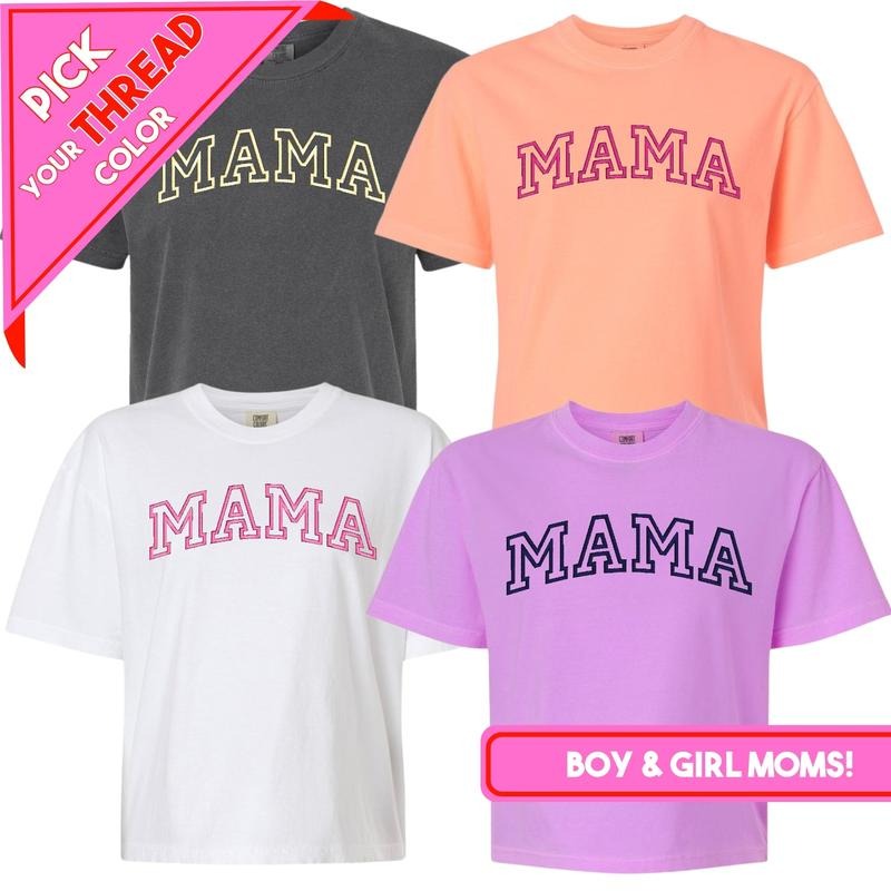 Varsity 'Mama' Embroidered Boxy T-Shirt Hoodie, Sweatshirt | GrindPrints.com