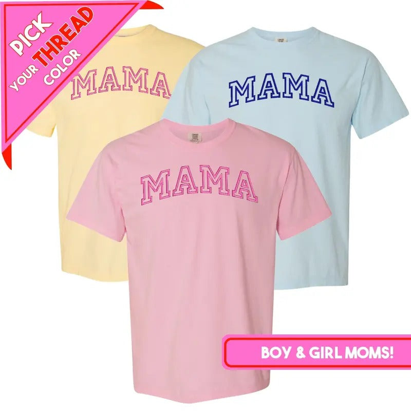Varsity 'Mama' Embroidered T-Shirt - Classic Design, Short Sleeve, Ideal for Casual Wear Hoodie, Sweatshirt | GrindPrints.com