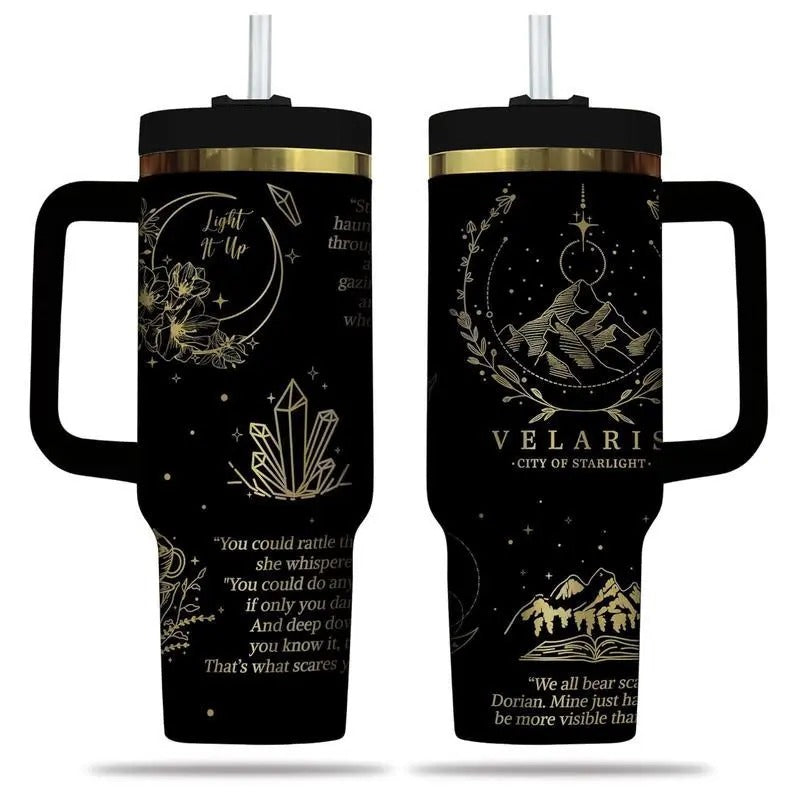 Velaris Tumbler With Handle, with Handle and Straw, Bookish Tumbler, Acotar 40Oz Tumbler, Velaris Tumbler, Golden...