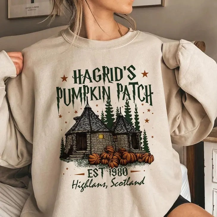 Ver 3 Hagrid's Pumpkin Farm Sweatshirt, Fall Pumpkin Shirt, Potterhead Fan Gift pumpkin crewneck Hoodie | GrindPrints.com