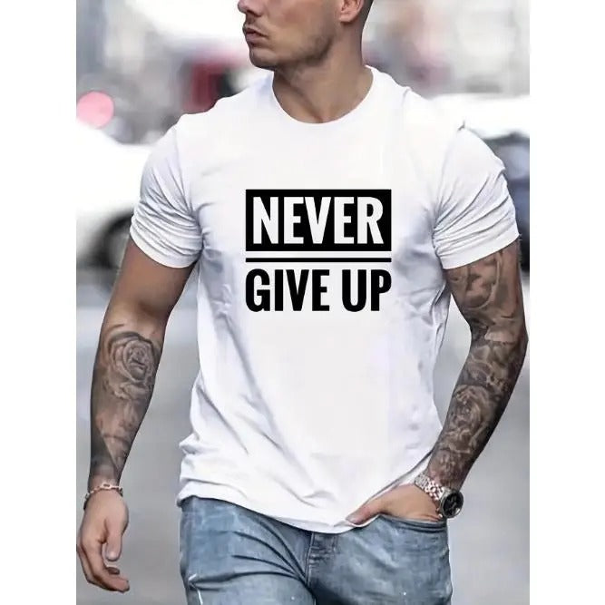 Vibrant 'Never Give Up' Graphic Tee - Soft, Breathable, Short Sleeve, Casual Summer Spring Fall Top