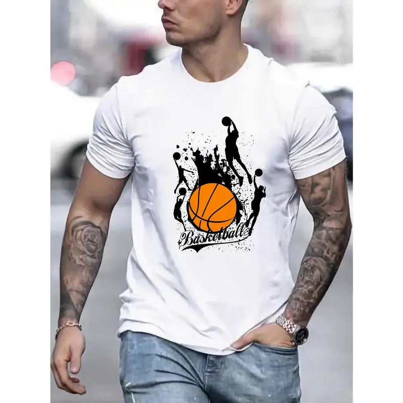Vibrant Basketball Graphic Print T-shirt - Comfortable Short Sleeve, Classic Crew Neck, Ultra-Casual Wear