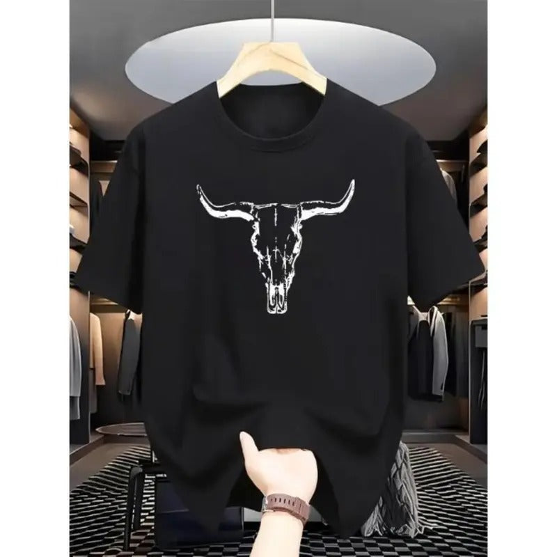 Vibrant Cow Skull Head Graphic Print T-Shirt - Men's Casual Short Sleeve Summer Tee