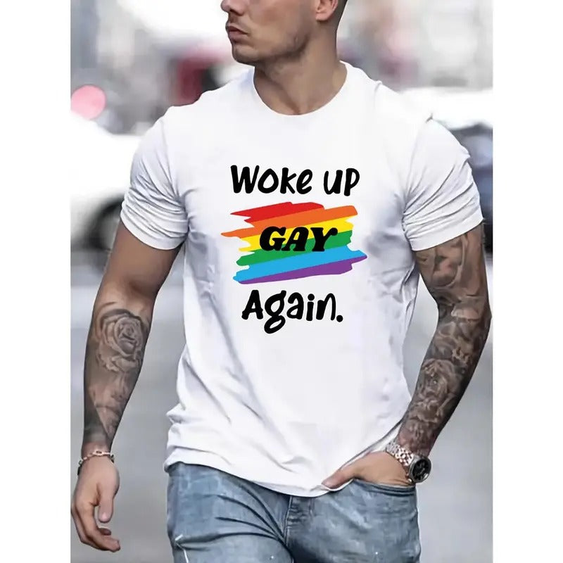 Vibrant LGBTQ Group Slogan Print Tee - Soft Stretchy Round Neck, Casual Street Style, Summer Essential, Men's Relaxed Fit...