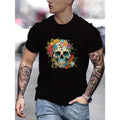 Vibrant Skull and Flowers Graphic Print Tee - Men's Casual Crew Neck Short Sleeve T-Shirt
