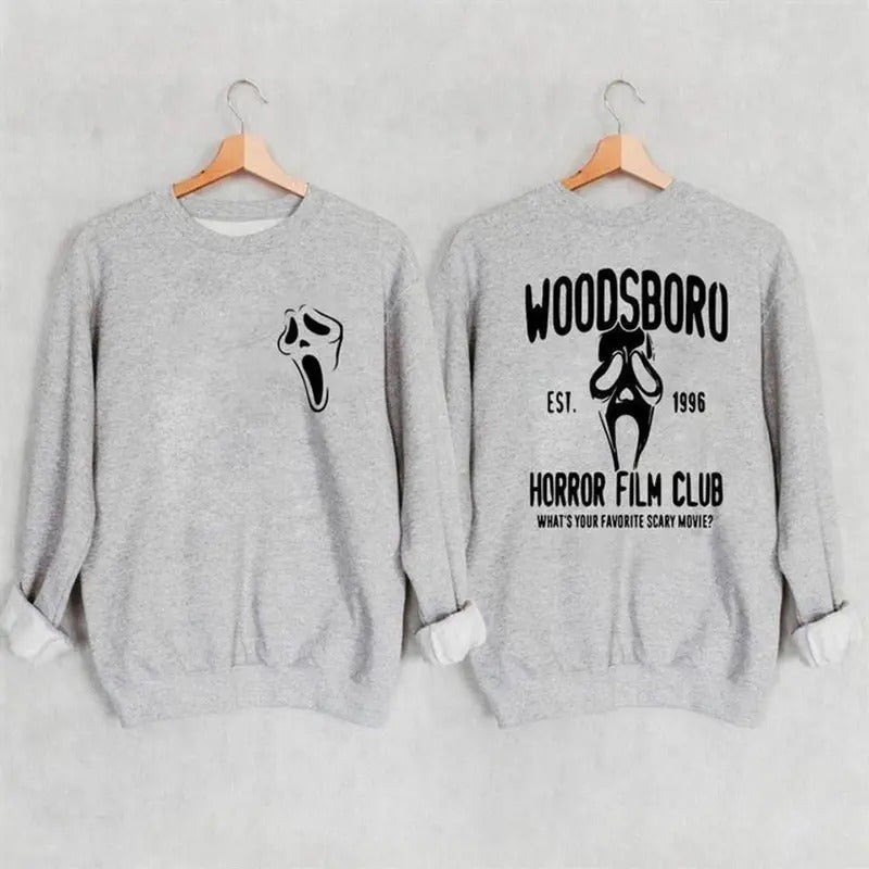 Vintage 2 Sides Woodsboro Horror Film Club Sweatshirt, The Ghostface Sweatshirt, Scream Sweatshirt,Horror Movie...