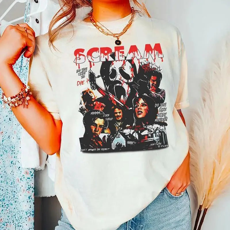 Vintage 90S Scream Ghostface Horror Movie Halloween T-Shirt Available sizes S to 3XL Top Womenswear Hoodie, Sweatshirt