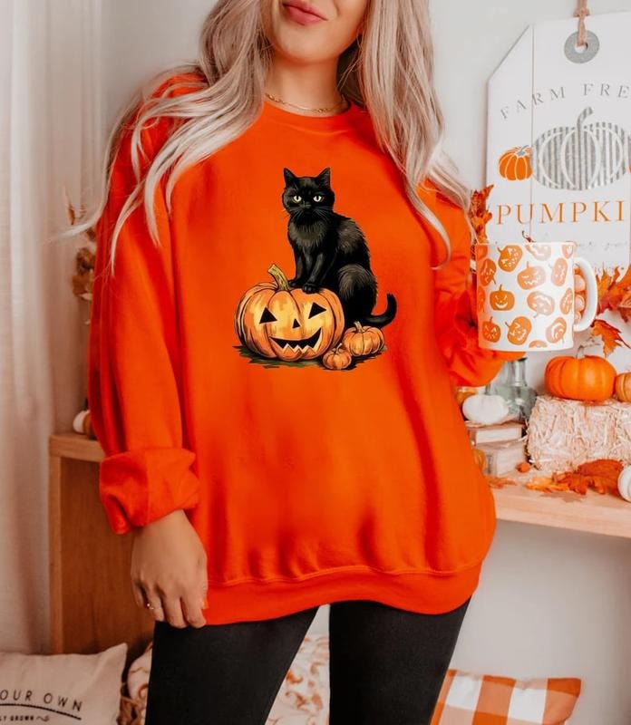 Vintage 90s Cat Halloween Sweatshirt, Cute Cat Halloween Shirt, Spooky Season Tee, Pumpkin Shirt, Cat Lover Shirt, Black...