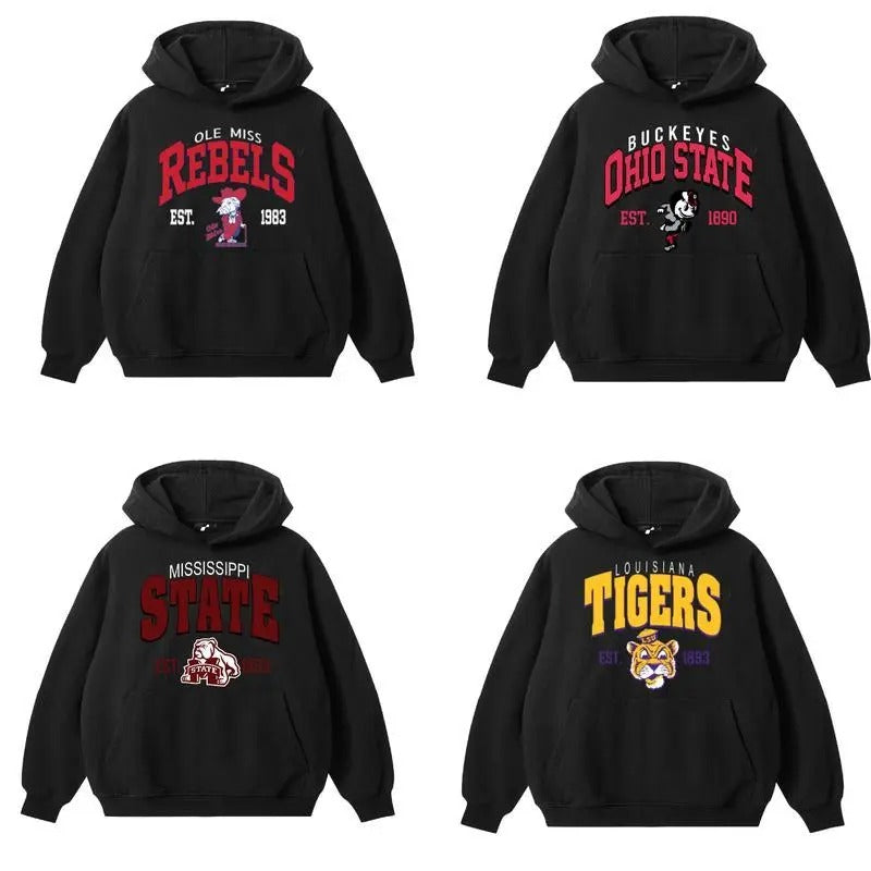 Vintage 90s NCAA College Mascot EST All Sport Teams Black Unisex Hoodie Streetwear Top Sports Classic Sweater Pullover...