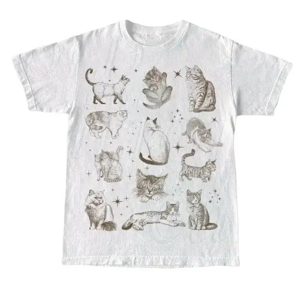 Vintage 90s Tattoo Cat Tshirt, Retro Kitten Nature Shirt, Cat Lovers Gift, Cats In Space Unisex Relaxed Adult Graphic...