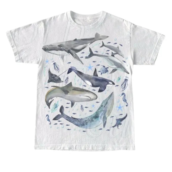 Vintage 90s Watercolor Sea Animal Tshirt, Retro Ocean Lovers Nature Shirt, Sealife, Ocean, Whale, Orca, Unisex Adult Tee,...