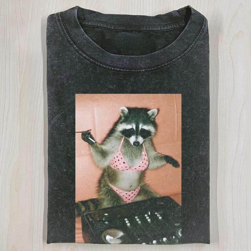 Vintage 90s Raccoon Wearing Pink Polka Dotted Bikini DJ Meme Shirts Funny Washed Menswear Top T-Shirts, Hoodie, Sweatshirt