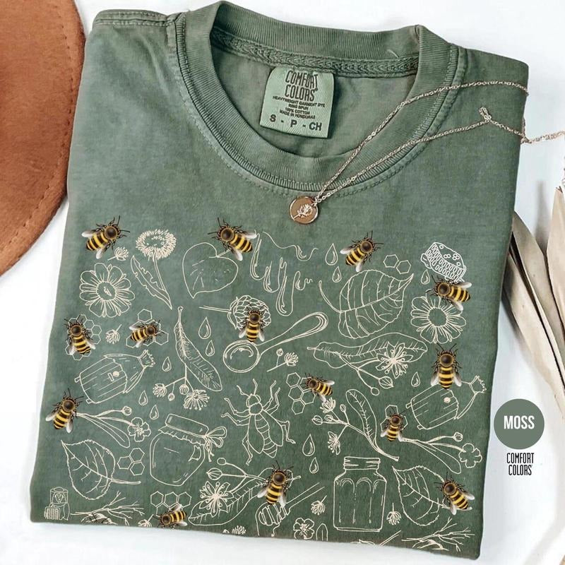Vintage Bee Botanical T-Shirt, Honeycomb Doodle Shirt, Unique Honey Bees Shirt, Bee Lovers Tee, Comfort Colors T-Shirts,...