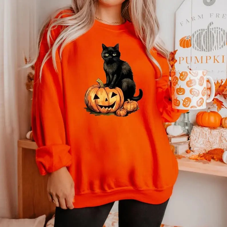 Vintage Black Cat On Pumpkin Sweatshirt, Retro 90s Halloween Shirt, Fall Crewneck Sweatshirt, Black Cat Sweater,...