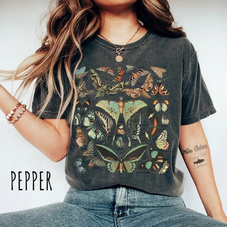Vintage Butterfly & Moth T-Shirt, Cottagecore Aesthetic Comfort Colors Shirt, Butterfly Lover Gift, Dark Academia...