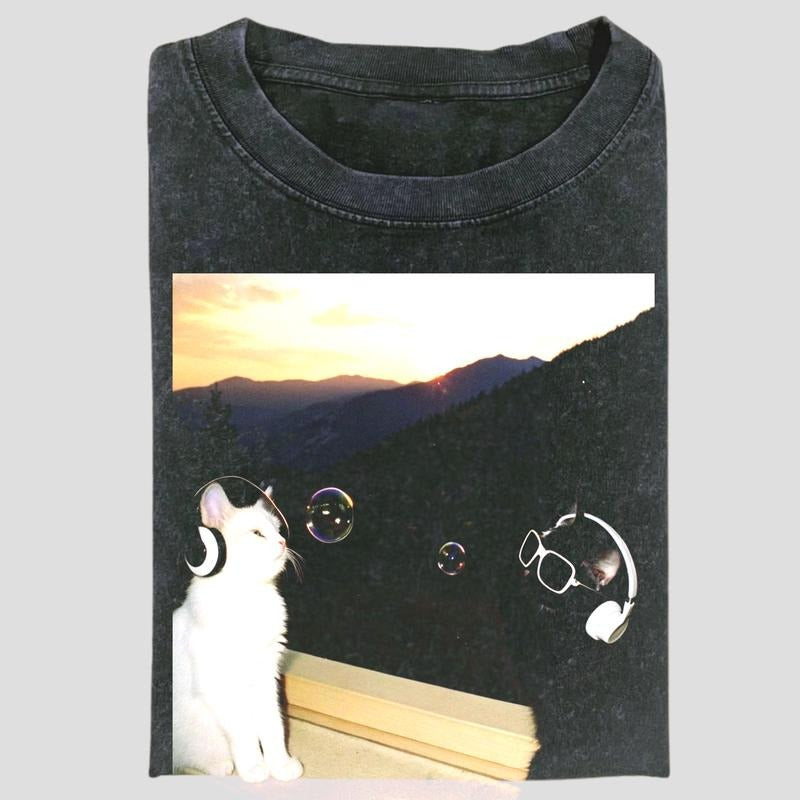Vintage Chill Cat Duo Graphic Tee, Sunset Headphones Meme Shirt, Aesthetic Funny Pet Design, Unisex Menswear Womenswear...