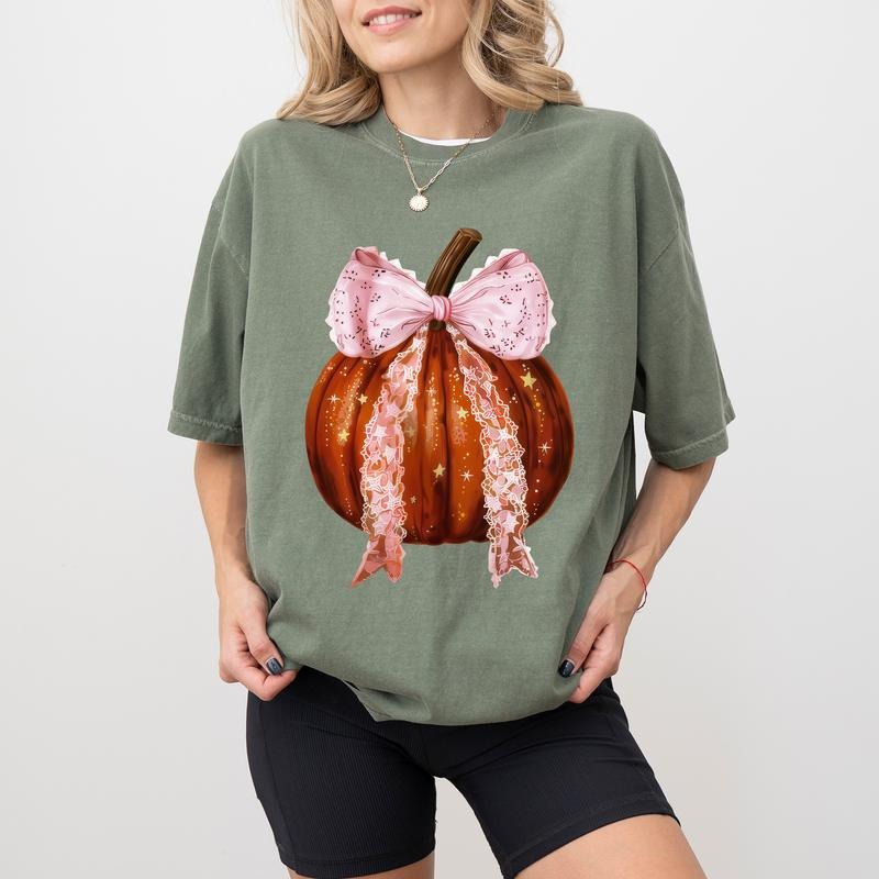 Vintage Coquette Bow Pumpkin Shirt, Pink Bow Pumpkin Tee For Girls, Girly Fall Pumpkin Tshirt, Gothic Halloween Pumpkin...