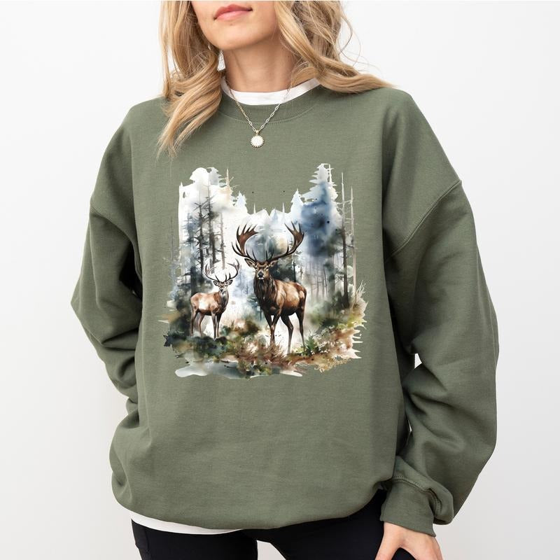 Vintage Deer Wilderness Scene Sweatshirt, Retro Buck And Doe Deer Graphic Crewneck, Unisex Hunter Tops, Hunting Sweaters...