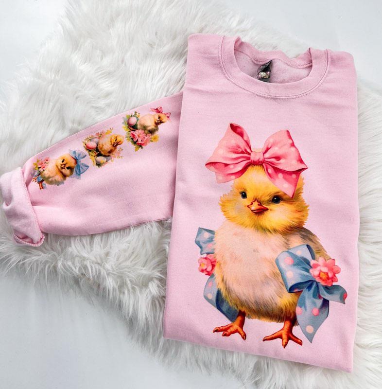 Vintage Easter Chicks Sweatshirt with sleeve print Fabric Womenswear Comfy T-Shirts, Hoodie | GrindPrints.com
