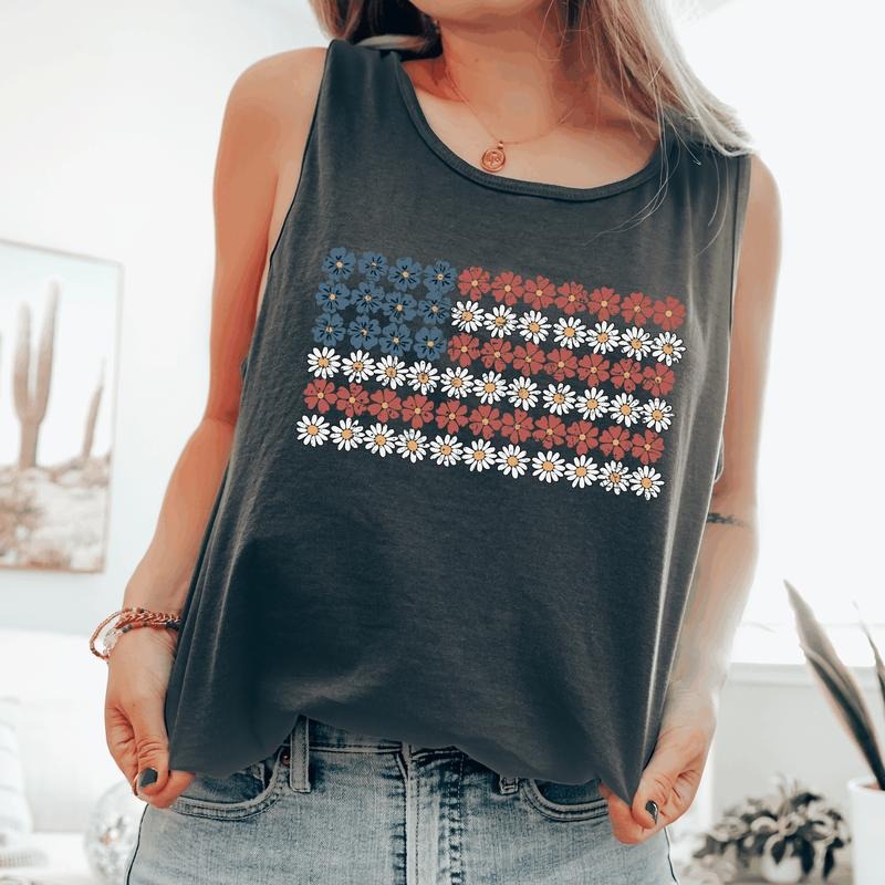Vintage Flower Flag, Fourth of July, America, Patriotic, USA Comfort Colors Tank Top, Women's Comfort Colors Tank Top...