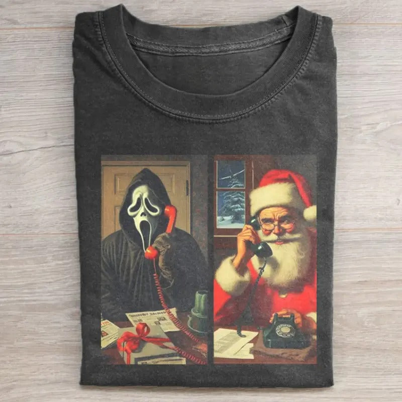 Vintage Ghostface Calling Santa Graphic Tee - Funny Christmas Shirt - Christian Christmas - Santa Claus - Cute Winter...