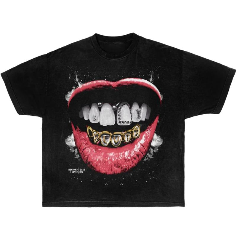 Vintage Grillz Garment-Dyed Boxy Shirt Streetwear Y2K Style, Y2K Cyber Wave Tee