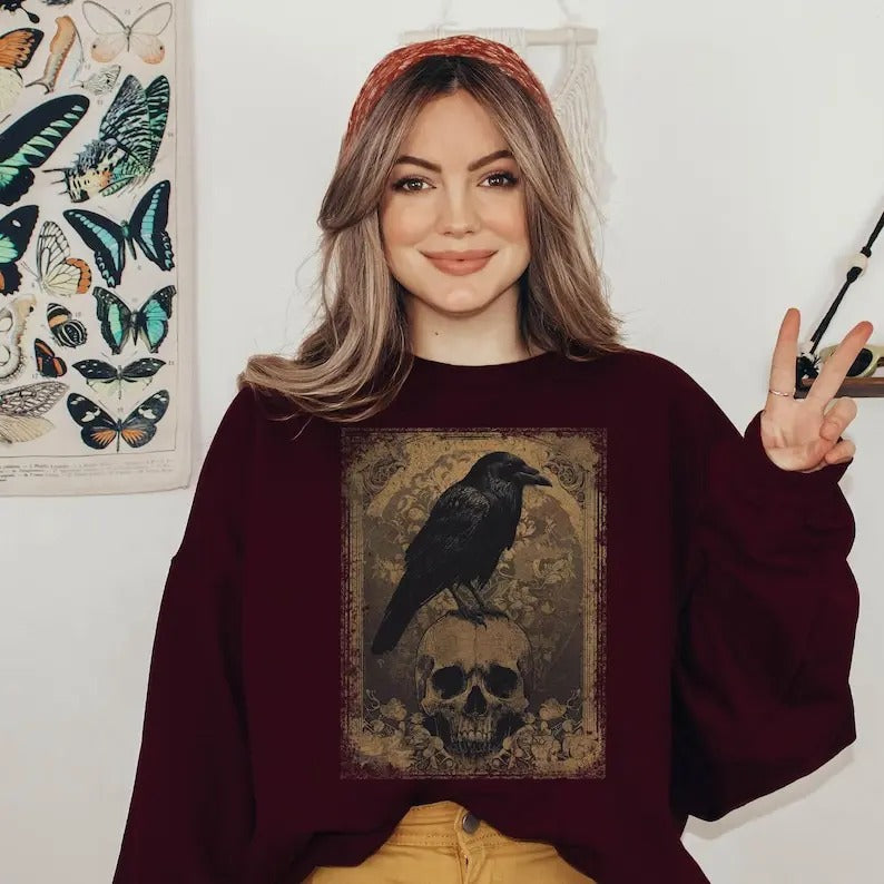 Vintage Halloween Raven Sweatshirt, Victorian Gothic Graphic Top, Dark Cottagecore, Halloween Sweatshirt, Spooky Season...
