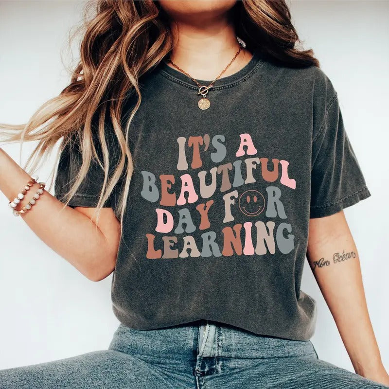 Vintage It's A Beautiful Day For Learning Teacher T-Shirt, Unisex Cotton For Men, Casual Polyeste Crewneck Shortsleeve...