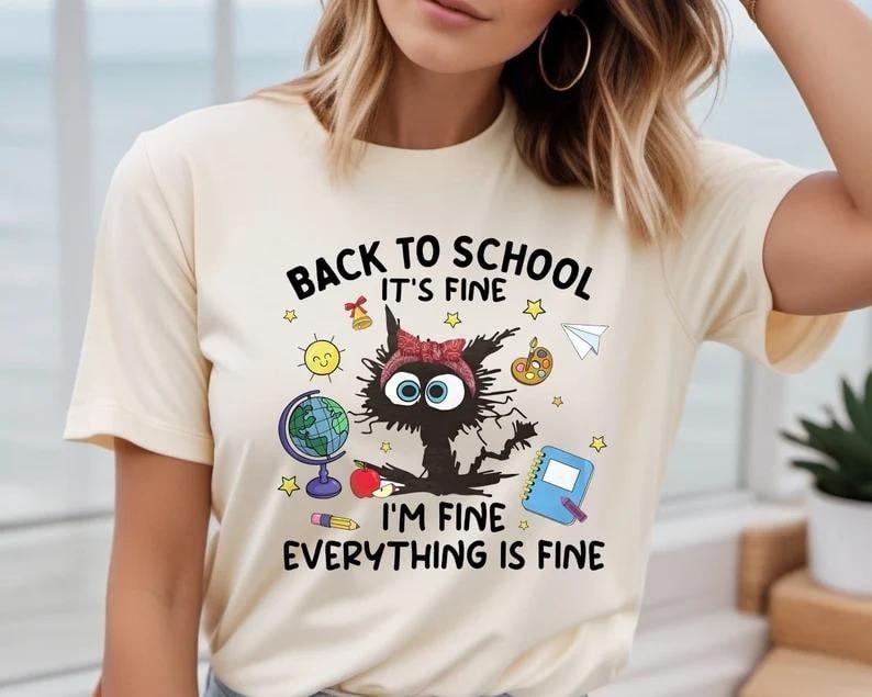 Vintage It's Fine I'm Fine Everything Teacher T-Shirt, Unisex Cotton For Men, Casual Polyeste Crewneck Shortsleeve...