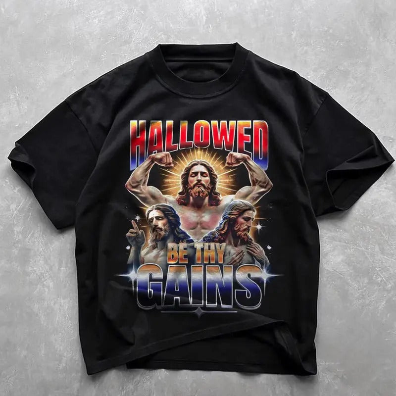 Vintage Jesus Graphic T-shirt, Hallowed Be Thy Gains Funny Gym Shirt, Graphic Tee Gift For BoyfrIend Girlfriend Hoodie,...