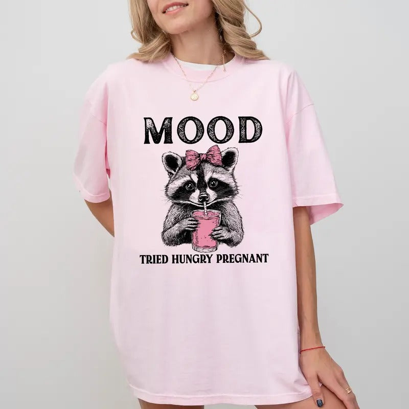 Vintage Mood Tried Hungry Pregnant Comfort Colors Shirt, Funny Raccoon Tee, Pregnant Girl T-Shirt, Meme Gift Tee...