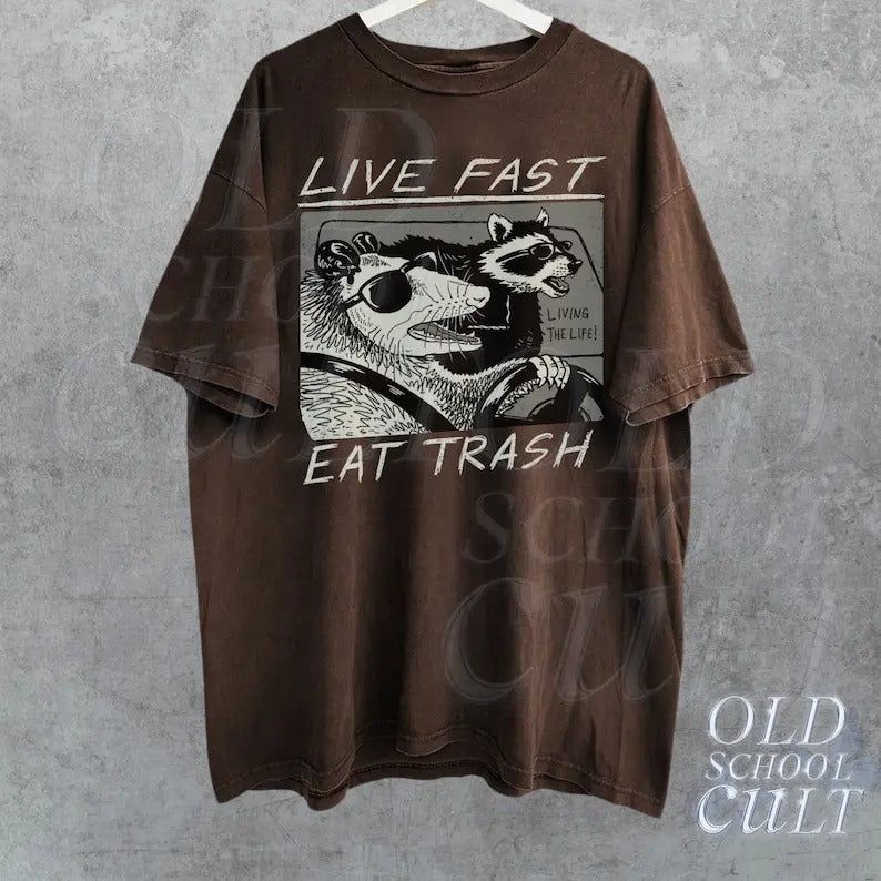 Vintage Opossum Live Fast Eat Trash 90s Style Graphic T-Shirt, Retro Raccoon Shirt, Trendy Shirts, Adult Unisex Relaxed...