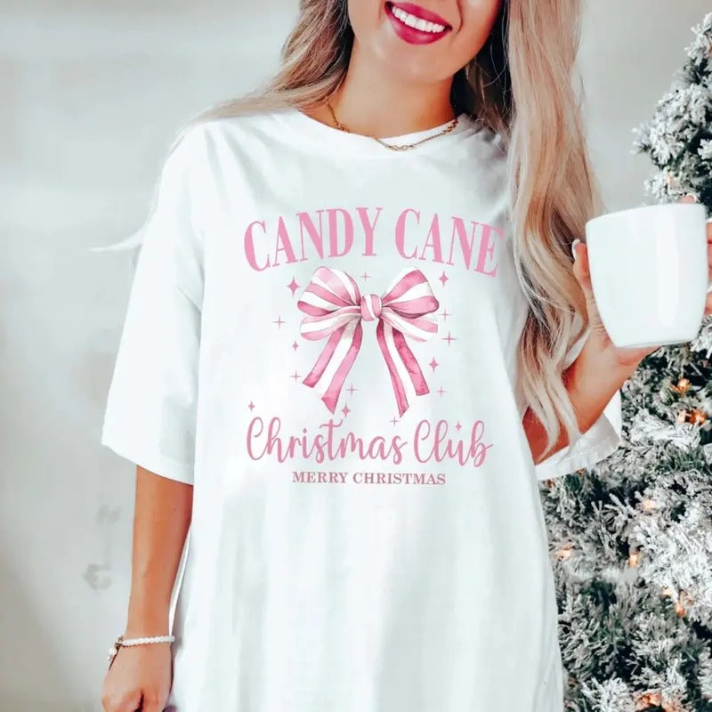 Vintage Pink Christmas Club Graphic Tee with Coquette Bows - Merry Christmas Shirt for Women