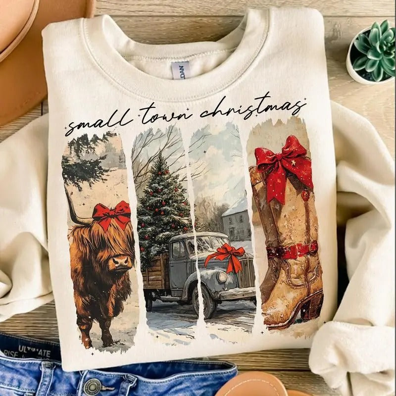 Vintage Small Town Christmas Sweater, Vintage Cow Girl Xmas Vibes Sweatshirt T-Shirts, Hoodie | GrindPrints.com