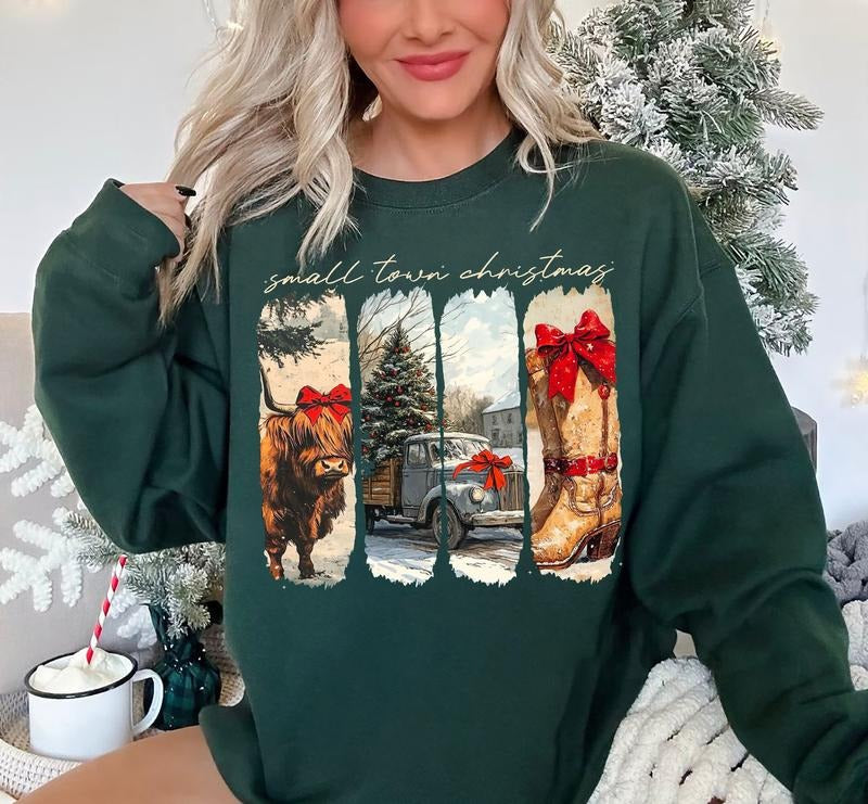 Vintage Small Town Christmas Sweatshirt, Cowgirl Christmas Shirt, Small Town Girl Christmas Sweatshirt, Highland Cow...
