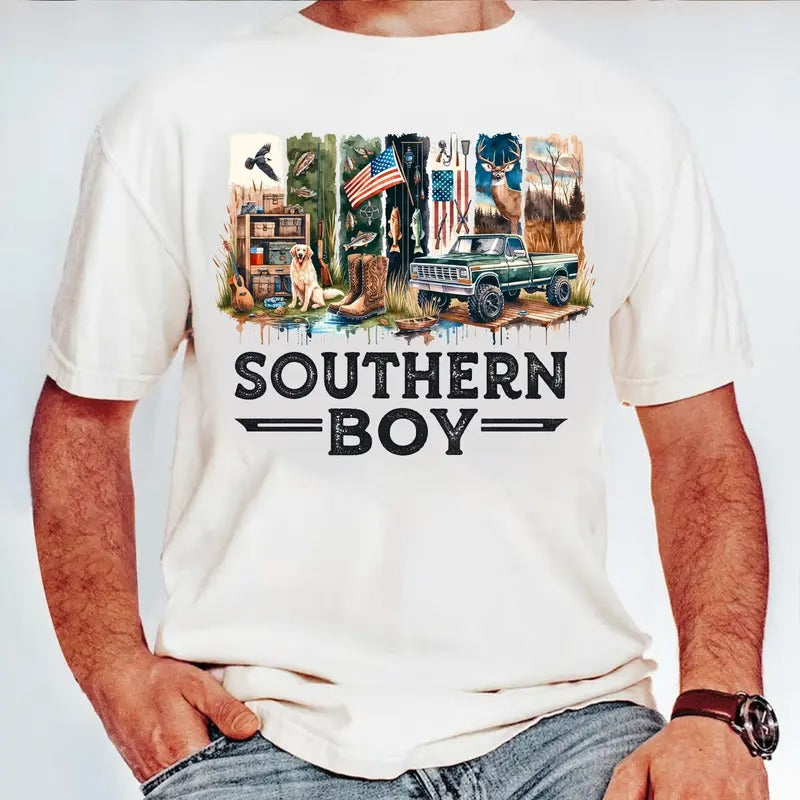 Vintage Southern Boy Hunting with Dog Shirt, Hunting Camo Dog Tee, Retro Outdoors Hunting Shirt, Camo Duck Deer Hunting...