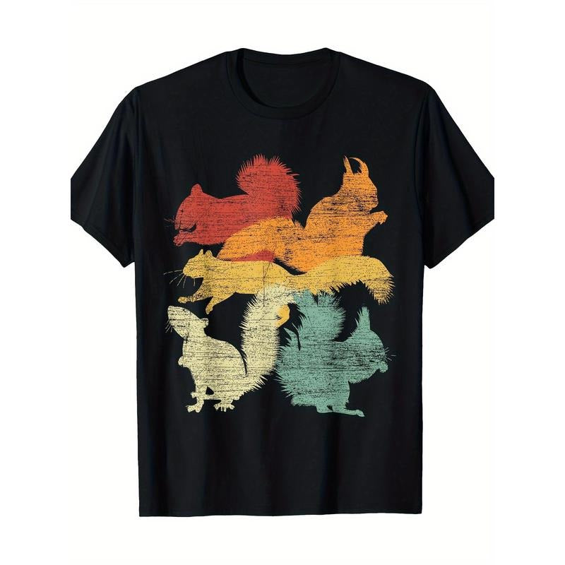 Vintage Squirrel Family Silhouette T-Shirt, 100% Cotton, Casual Round Neck Short Sleeve Tee, Geometric Pattern, Digital...