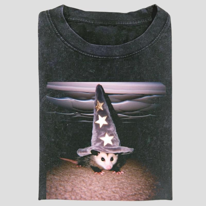 Vintage Wizard Possum Graphic Tee, Funny Magic Hat Meme Shirt, Under The Table Sorcery Aesthetic, Unisex Menswear...