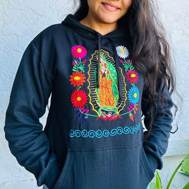 Virgen embroidered hoodie cotton black T-Shirts, Sweatshirt | GrindPrints.com