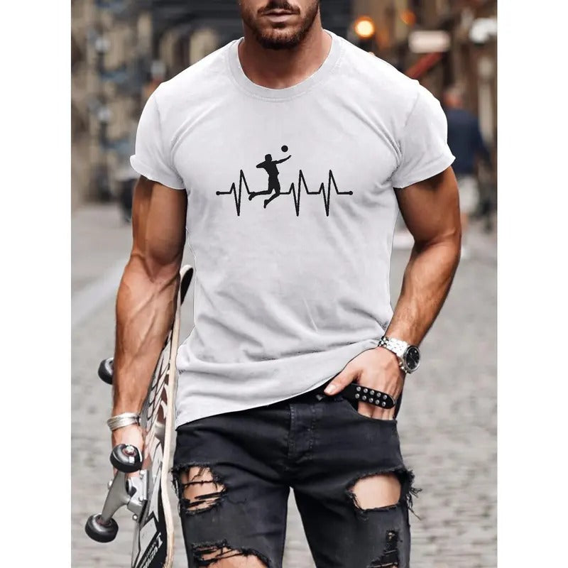 Volleyball Graphic Print Men's Short Sleeve Crew Neck T-Shirts, Comfy Breathable Casual Slightly Stretch Casual Tops,...