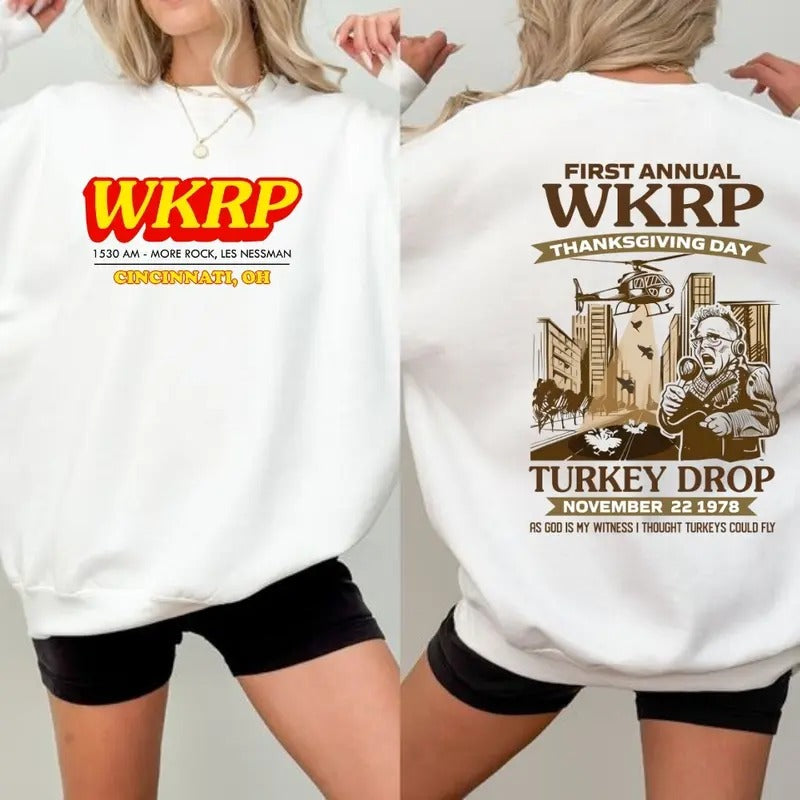 WKRP First Annual Thanksgiving Turkey Drop Tshirt, Sweatshirt, Hoodie, Retro Cincinnati Movie Shirt, Perfect For Holiday...