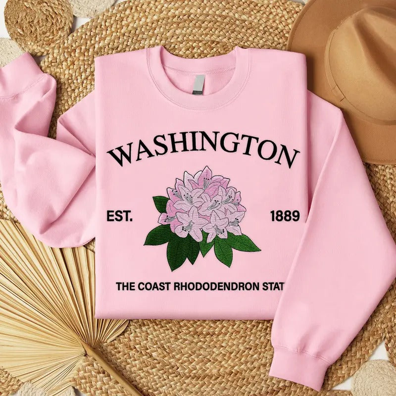 Washington Coast Rhododendron Embroidered State Flower Sweatshirt, Hometown Embroidered Shirt, Favorite Flower...