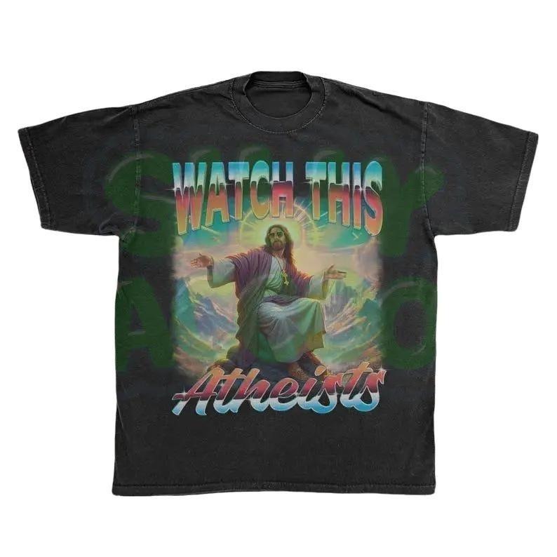 Watch This Atheists Retro 90s T-Shirt | Funny Jesus Meme Tee | Ironic Christian Tee | Religious Humor Shirt | Sarcastic...
